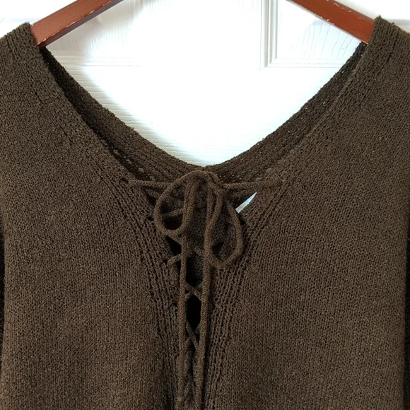 ASTR The Label Classic Knit Oversized Lace Up V-neck Peasant Sweater Dark Olive - Picture 2 of 12